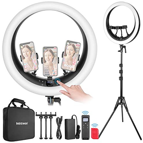 NEEWER Ringlicht RP19H 19Zoll mit Ständer und 3 Telefonhaltern, 2,4G Steuerung, 1% stufenloses Dimmen, LCD und Touch Steuerung, 42W CRI 97+ 2540 Lux, für Streaming Home Office Zoom Call Lighting