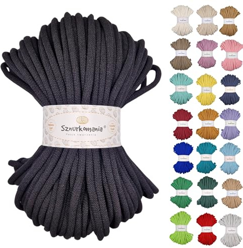 Sznurkomania, Baumwollkordel 9mm 50m, viele Farben, Makramee Garn, Baumwollgarn, geflochtene Baumwollkordel 9mm mit Kern, Häkelkordel, gehäkelte Tasche (Schwarz)