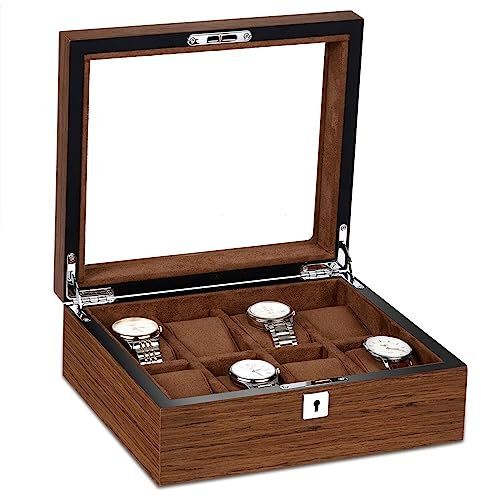 RoYiio Caja de Reloj Madera de 8 Rejillas, Caja de Almacenamiento de Relojes, con Tapa de Cristal, con 8 Soportes de Reloj Extraíbles, Organizador de Almacenamiento, Regalo para Hhombres y Niñas