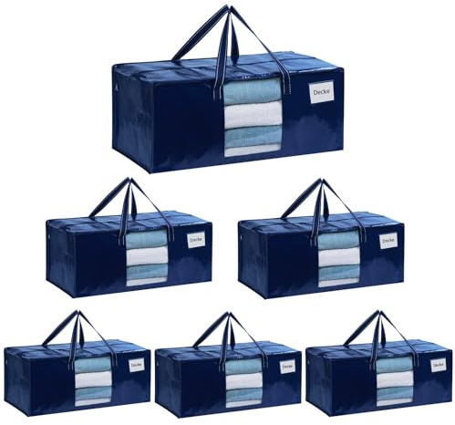 VENO 6er-Pack Umzugstaschen XXL (87 Liter) mit Sichtfenster,Aufbewahrungstasche mit Starken Griffen & Reißverschluss, Faltbare Alternative zu Umzugskartons für Kleidung & Bettwäsche (Blau)