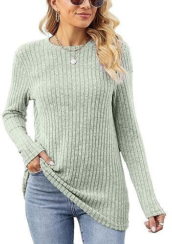 Famulily Hauts à manches longues pour femmes Pulls en tricot légers décontractés à col rond pour dames, Vert, XL