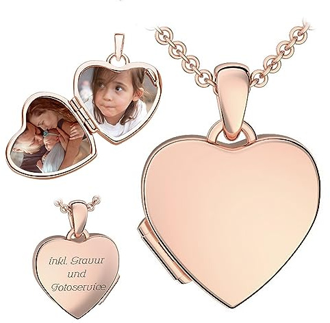 Kinder Medaillon Herz zum Öffnen für Bilder in Silber 925 und vergoldet | Gold / Rosegold, von AMOONIC, Halskette Mädchen Kette 38cm, Foto Upload Service & Gravur, Schmuck Geschenk für Kinder