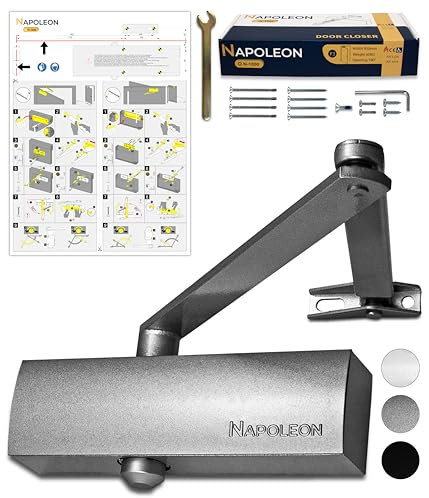 NAPOLEON N-1000 Robust Automatic Door Closer - EN1154/EN1634 Standards - Commercial & Residential - Door from 20Kg to 60Kg Size 3 - Drilling Template - Easy and Quick Installation (Silver)