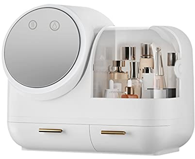 LUNICASHA - Organizzatore per cosmetici con specchio, organizer per trucco con luce e protezione antipolvere, scatola per cosmetici con specchio, scatola beauty a LED con luce e ricarica USB, bianco