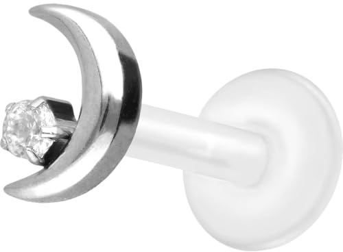PIERCINGLINE PTFE Labret mit Innengewinde + Titan-Aufsatz MOND + KRISTALL Piercing Lippe Nase Ohr Helix Tragus Medusa Farb & Größenauswahl