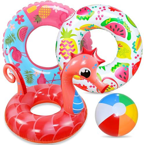 Chennyfun 4PCS Inflatables Pool Floats for Kids Adults, Seahorse Swimming Ring Pool Floats Rubber Ring with 2 Summer Ring Tubes and Beach Ball, Water Pool Summer Toys for Beach Pool Party