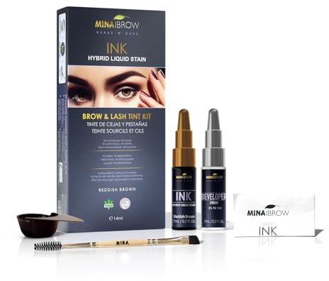 MinaiBrow INK Hybrid Liquid Tint för Brown & Lashes Reddish Brown | Långvarig fläckfärgning för brow och lash | Instant Brown Hair Dye Tint Kit | 100 % Grå Täckning - Upp till 14 Applikationer - 14 ml