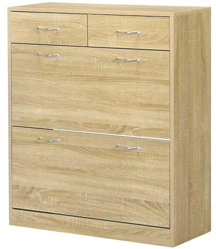 HOMCOM Meuble à Chaussures Armoire à Chaussures - 2 tiroirs et 2 Portes abattantes avec étagère réglable - 80 x 30 x 91,5 cm - poignées en Aluminium, Naturel