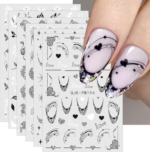 jmeowio Nagelsticker Glitzer Herz Französischspitze 10 Blatt Nail Art Sticker Selbstklebend Nagelaufkleber Schwarz Weiss Dekoration Nageldesign Zubehör
