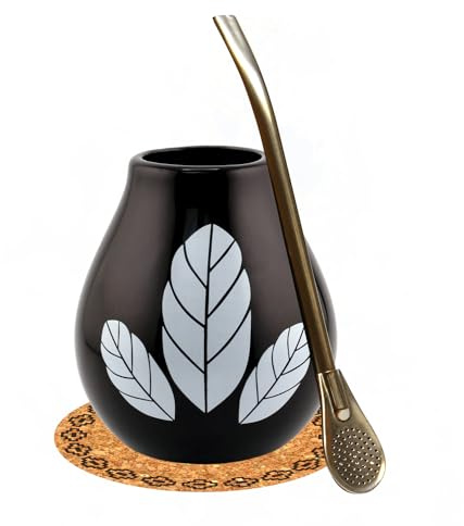Gaucho Yerba Mate-Tee Kalebasse Set ● Tazza da tè HOJA Black 350 ml ● Tazza da tè in ceramica ● Cannuccia Bombilla in acciaio inox 19 cm ● Cannuccia per tè Yerba Mate ● Bicchiere in acciaio inox