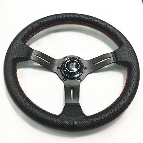 Auto-Lenkrad, Sportlenkrad, Lederlenkrad, 330 mm, schwarzes Lenkrad, schwarze Aluminiumspeiche, rote Nähte, 33 cm