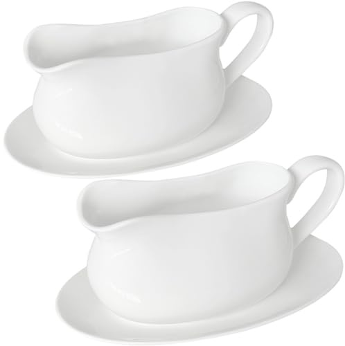 Qlans Gravy Boat with Saucer Stand 17oz, Ceramic Sauce Boat with Tray for Salad Dressings, Creamer, Broth, Black Pepper, Set of 2