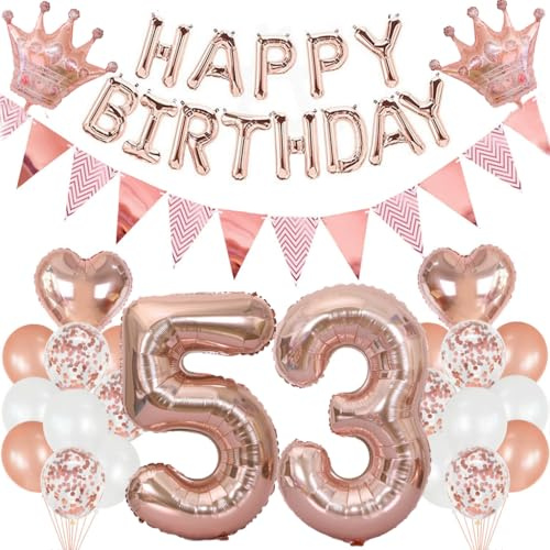 Feelairy 53. Geburtstag Deko Frauen: 24-teiliges Set mit Luftballons, Folienballons, Happy Birthday Banner, Konfetti und Bindewerkzeug in Rosegold für Damen zum Geburtstag