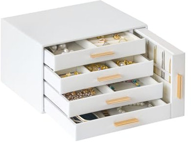 Neateam Schmuckkästchen Damen Schmuckkasten Mädchen Schmuck Box Ohrringe Aufbewahrung Schmuckaufbewahrung Groß Schmuckschrank Flanell mit 5 Schubladen Weiß für Ringe Halsketten Armbänder Uhren