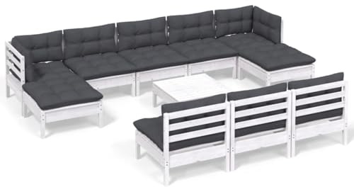 WEMYUFURN 11-TLG. Garten-Lounge-Set mit Kissen Weiß Kiefernholz, Outdoor-Sitzgruppe, Terrassen-Lounge-Set, Garten-Couchgarnitur - Wetterbeständig, Komfortabel - für Terrasse, Garten und Balkon