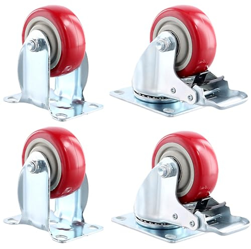 KEILEOHO 4er Set 75mm Möbelrollen Rot, Lenkrollen Rollen mit Bremse, Transportrollen für Möbel, Trolley, Tragkraft 280KG, 360°Drehbar
