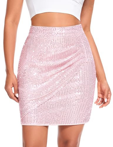 Aupuls Rock Karneval Bleistiftrock Damen Minirock Rock Glitzer Neujahrs Rock Maske Fasching Rock Rosa Pinker Glitzer Rock Rosa Glitzer Rock Pailletten Rock Rosa AUPR001PinkL