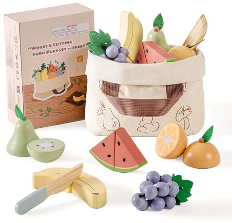 ROBOTIME Holz-Obst-Schneideset für Kinder - Realistisches Obstschneideset mit Holz-Banane, Birne, Wassermelone, Trauben & Zubehör, Montessori-Frühlernspielzeug