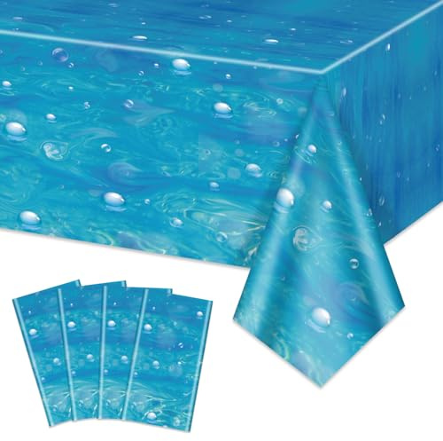 Hegbolke 4 Picese Underwater Bubbles Table Cover 137x220cm Ocean Waves Tablecloth Water Print Table Cover Ocean Sea Tablecloth for Ocean Under The Sea Beach Pool Mermaid Shark Birthday Party