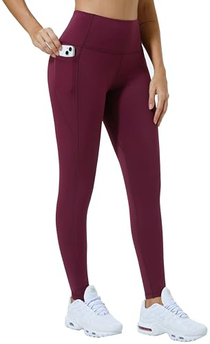 Enjoyoga Legging de sport pour femme avec poche - Taille haute - Pantalon de sport push-up opaque - Long pour le sport, la gym, le yoga, rouge bordeaux, M