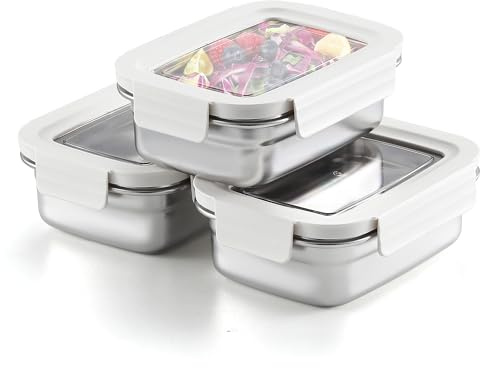 Misichao Frischhaltedosen aus Edelstahl mit Deckel, 3 Stück, 650 ml | Meal Prep Containers Leakproof Airtight Metal Bento Lunch Box, Stackable Snack Containers for Work, School, Gym & Kitchen