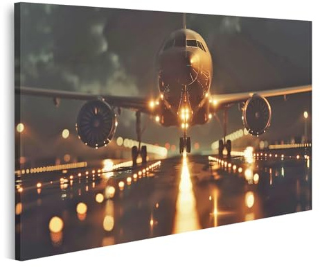 islandburner Bild auf Leinwand Flugzeug auf beleuchtete Startbahn bei Nacht für Schlafzimmer Flugzeugliebhaber Reisebüro Bilder Wandbilder Poster