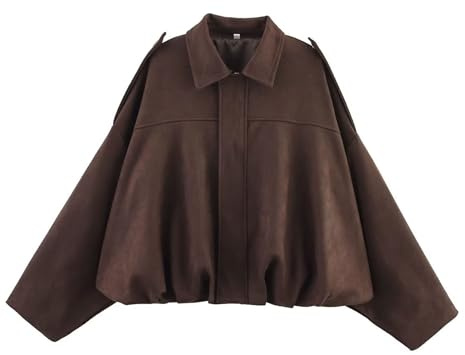 Xunger Damen Faux Wildleder Bomberjacke Frühling Revers Pilotenmantel Casual Oversized Lange Ärmel Trendy Streetwear Oberbekleidung, Kaffee, Groß