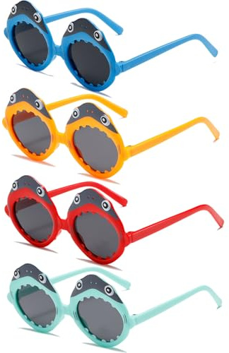 Quzyllic Lot de 4 paires de lunettes de soleil hawaïennes amusantes pour enfants, en forme de requin, avec protection UV, pour vacances, plage, plein air, été, sport
