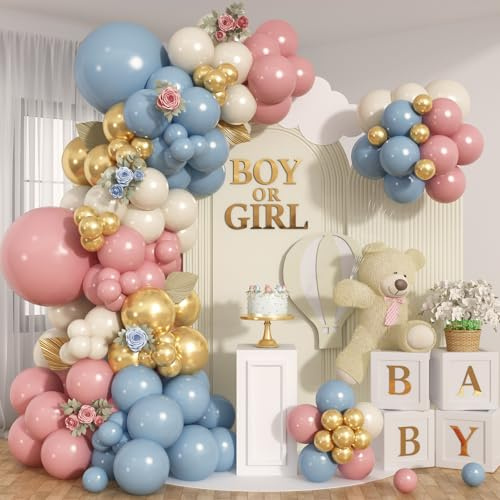 Dusty Pink and Blue Balloon Arch Garland Kit, Gender Reveal Balloons Metallic Gold Sand White Balloons for Gender Reveal Boho Bachelorette Birthday Baby Shower Bridal Bear Theme Party Decorations