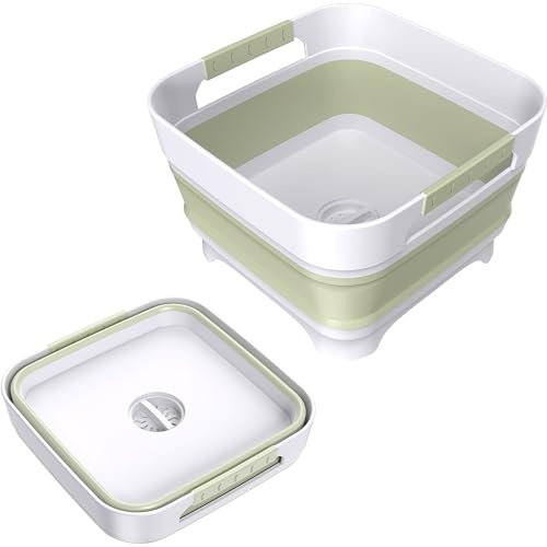 Collapsible Dish Basin, 9L Capacity, Portable Sink for Kitchen, Camping, RV, Gray (Green)