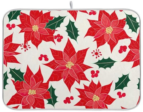 Poinsettias - Tapetes de secado de platos con hojas de acebo para encimera de cocina, almohadilla de secado rápido, almohadilla de drenaje reversible para decoración de encimera de cocina, 16 x 18