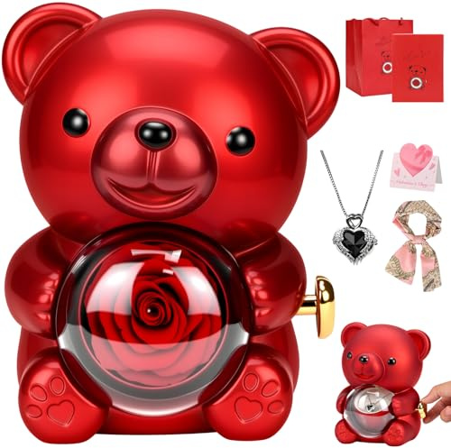 KOOOGEAR Ewige Rose Bär,Rosenbox mit Kette,Ewige Rosen Geschenkbox,Geburtstagsgeschenk für Frauen,Jahrestag Geschenk Muttertag Valentinstag Hochzeitstag Geschenk für Mama,Freundin,Geschenk,Freund