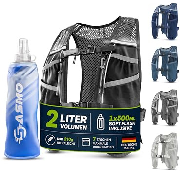 SASMO Laufweste Damen & Herren mit Trinkflasche, 270g Ultraleicht | Trinkweste Laufen, Laufrucksack, Trinkrucksack, 8 Taschen, 2L Trinkblase kompatibel, Atmungsaktiv, Joggen Wandern Trail