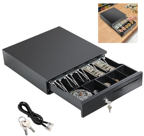 Cash Box Money Till Drawer with 5 Bill 5 Coin Removable Trays, Cash Register Drawer Auto Manual Open, Key-Lock RJ11 Adjustable Removable Cash Tray Till, 40.5 x 42 x 10cm