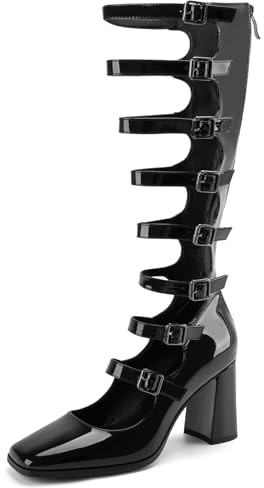 Z.Oufeier Women's Chunky Heel Knee High Boots mary jane Gothic Punk Heels