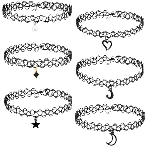 LIQWEI 6 Stück Elastische Halskette Set, Tattoo-Halsketten-Set für Mädchen, Schwarz Choker Halskette mit Anhänger Gothic-Elastik-Kragen-Schmuck-Set für Mädchen Frauen Teen