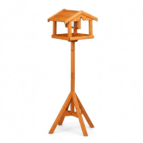Relaxdays Mangeoire sur Pied avec silo à graines, Jardin & terrasse, pour Oiseaux Sauvages, Bois de Sapin, Orange