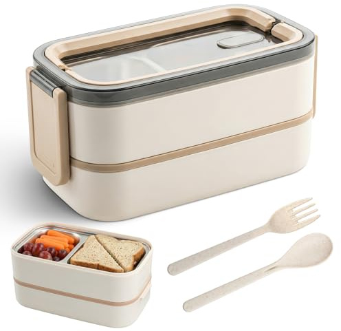 Ecofocet 2 Etagen Bento Lunchbox 1400 ml mit Fächern, Besteck, 304 Edelstahl Meal Prep Bento Box, Auslaufsicher, BPA-freie Brotdose für Erwachsene und Kinder, Mikrowellengeeignet