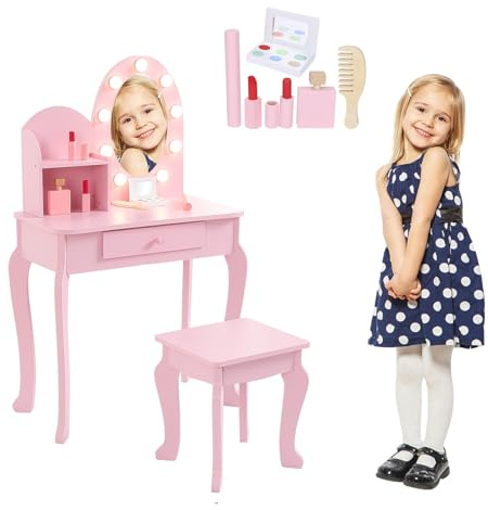 Garvee Kids Vanity Set with Touch Lighted Mirror, Pretend Play Girls Vanity Table and Chair Set with Mirror, Stool, and Wood Makeup Playset, Pink