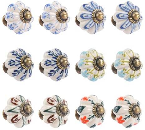 MAIJIAJU 12 stycken möbelknoppar, keramik med skruvar, handmålade skåpknappar, dekorativa möbelhandtag, flerfärgade, moderna knappar, dörrknappar, vintage, lådknappar för skåp, lådor, kök