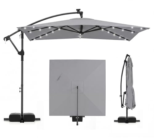 COSTWAY Sonnenschirm Rechteckig mit Ständer und LED-Leuchten, 250 cm Ampelschirm mit Kurbel, Gartenschirm, 360° drehbar, Marktschirm, Terrassenschirm für Garten, Terrasse, Pool (Grau)