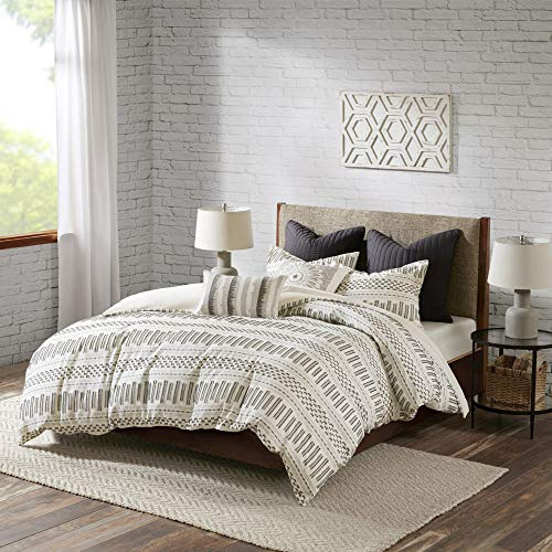INK+IVY Rhea 100% Cotton Duvet Set Mid Century Modern Boho Design, All Season Comforter Cover Bedding Set, Matching Shams, Full/Queen, Geometric Clipped Jacquard Ivory 3 Piece