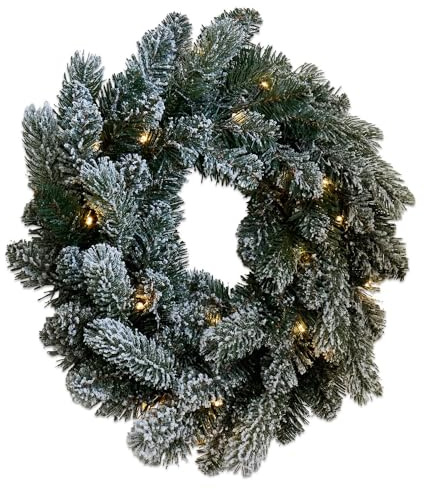 Loberon Kranz Regin, Naturnahes Design, mit Schnee-Optik, Integrierte Lichterkette mit 20 LEDs, Weihnachtsdeko, Türkranz, Kunststoff, Eisendraht, grün/weiß