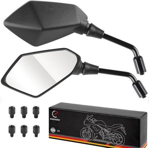 Evermotor Universal Motorcycle Mirrors, Motorbike Mirrors with M8 M10 Clockwise and Counter Clockwise Threaded Bolts, E-Mark Motorcycle Rearview Mirror for ATV Scooter Cruiser
