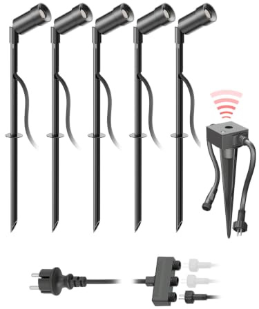 ledscom.de LED Gartenstrahler Spico schwarz mit Erdspieß und Dämmerungssensor für außen IP44 je 105lm warm-weiß 5er Set