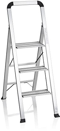 HJH Office 801104 Scaletta Pieghevole a 3 gradini Solid V Scaletta in Alluminio con Barra di Sicurezza, Portata Fino a 150 kg, Pieghevole