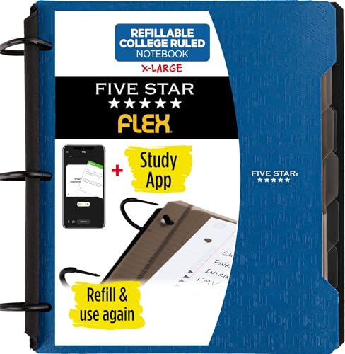 Five Star Flex Refillable Notebook + Study App, College Ruled Paper and 1-1/2 Inch TechLock Ring Binder with Pockets, Tabs and Dividers, 300 Sheet Capacity, Pacific Blue (29324AD2)