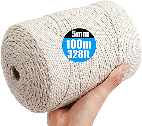 Mododo Corde Macramé 5mm x 100m, Fil Macrame Coton Naturel, Ficelle Corde pour Tressée DIY, Tapisserie de Plante Cintre de Drapeau Artisanat Suspendues Emballage Cadeau Décoration Murale