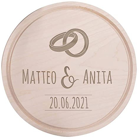 Deitert Frühstücksbrettchen mit Name, Wunschtext und Datum graviert - Holzbrett Geschenk für Valentinstag, Hochzeit, Geburtstag für Frauen/Männer - Schneidebrett Holz Rund, 24 cm Ø, Eheringe Gravur
