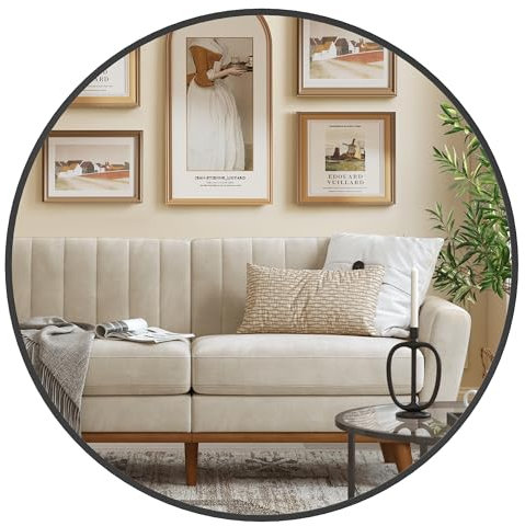 SONGMICS 61 cm d Spiegel rund, runder Spiegel, Wandspiegel, Metallrahmen, einfache Montage, modern, für Bad, Wohnzimmer, Schlafzimmer, Flur, Eingangsbereich, tintenschwarz LWM102BD03